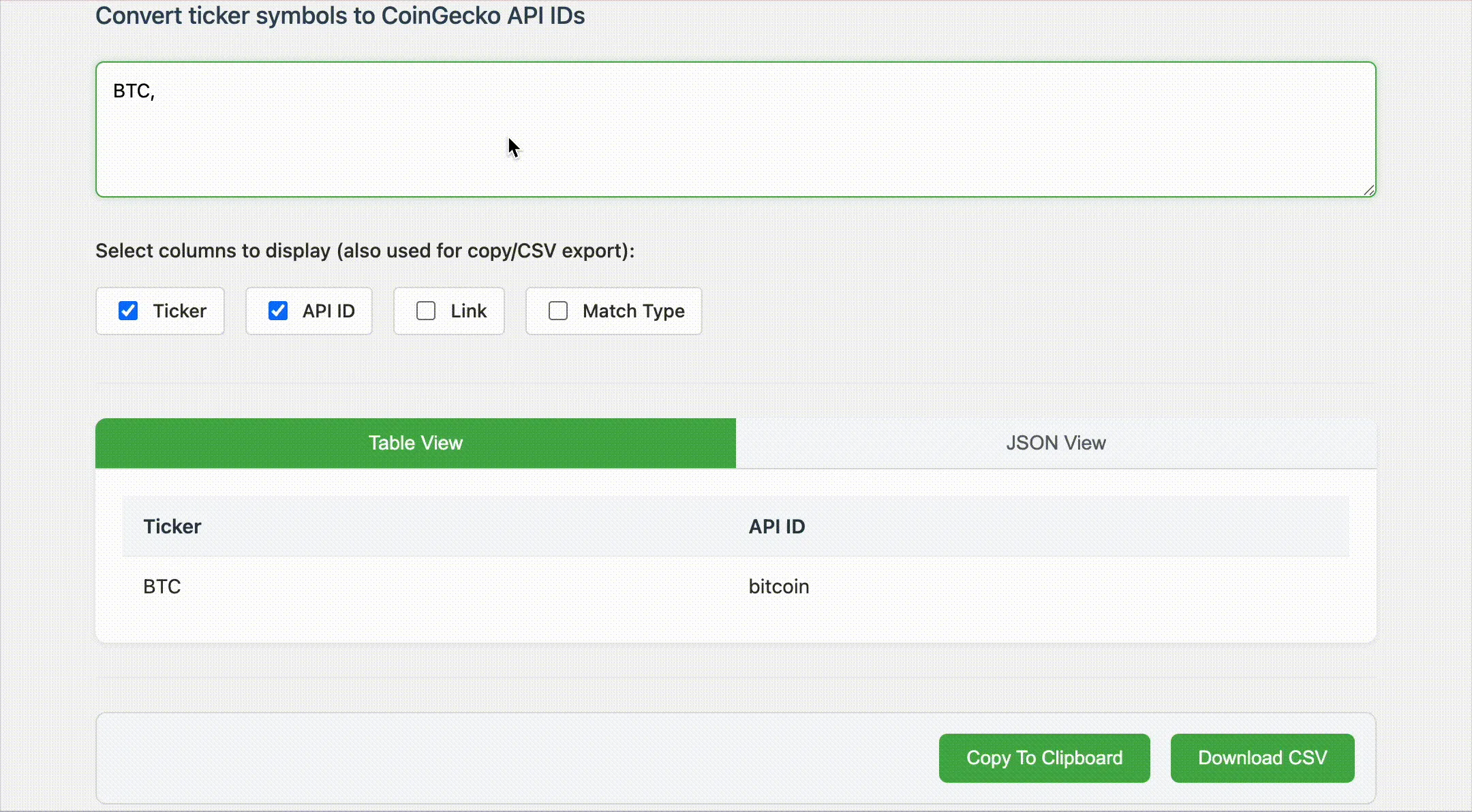 CoinGecko ticker tool
