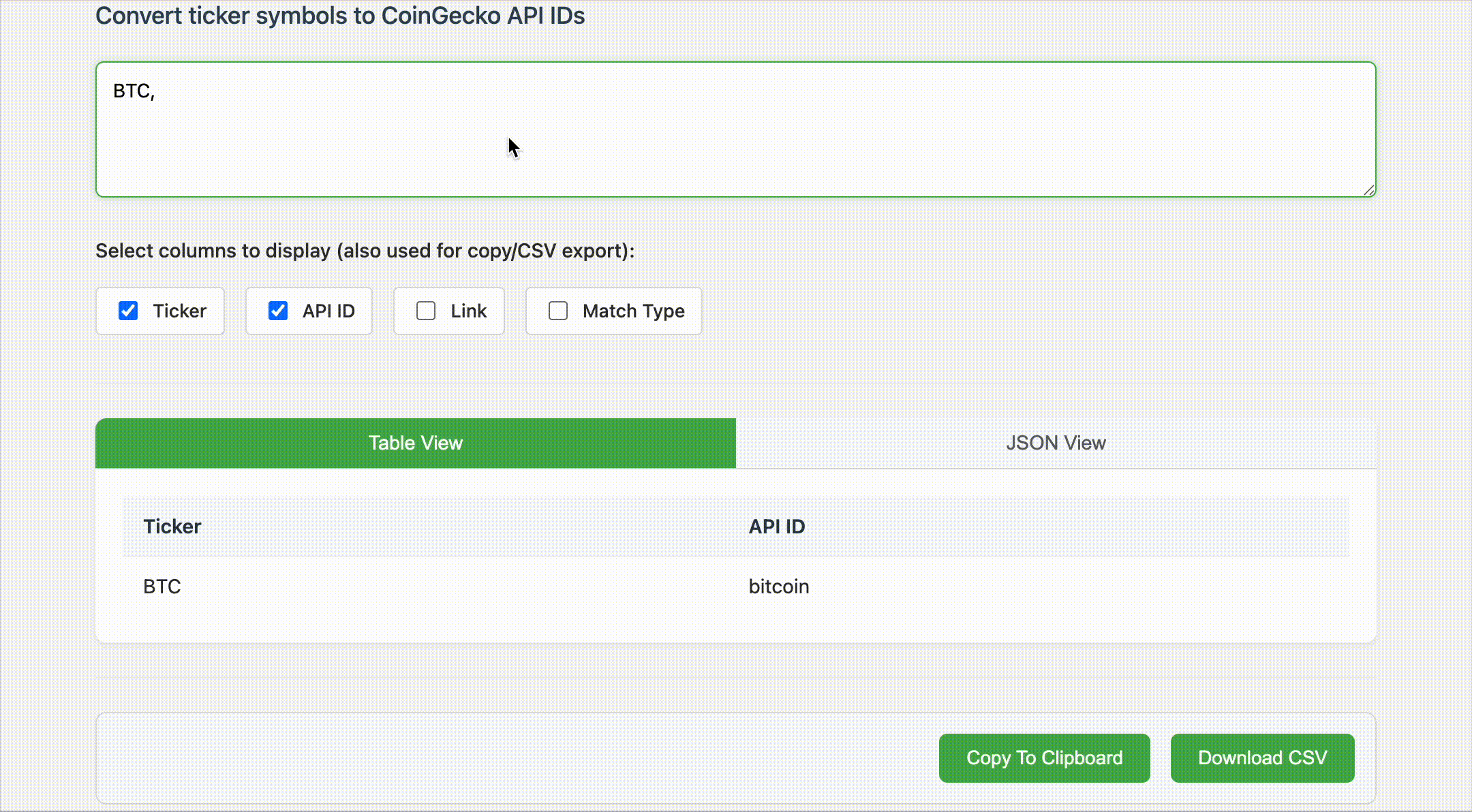 CoinGecko Ticker Tool